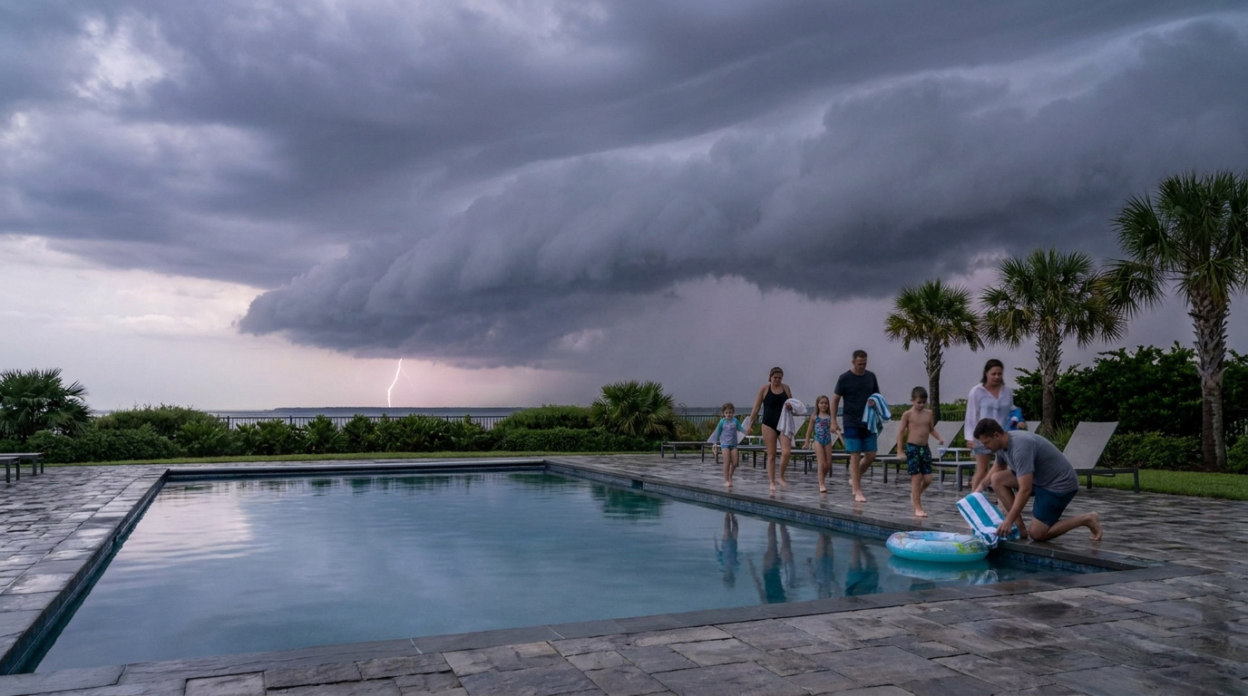 Une famille quitte une piscine alors qu'un orage menaçant avec un éclair éclate au loin.