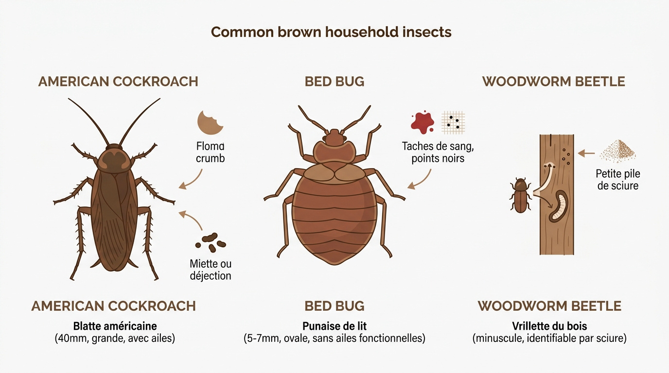 Comparaison visuelle entre une punaise de lit, une blatte et une vrillette du bois
