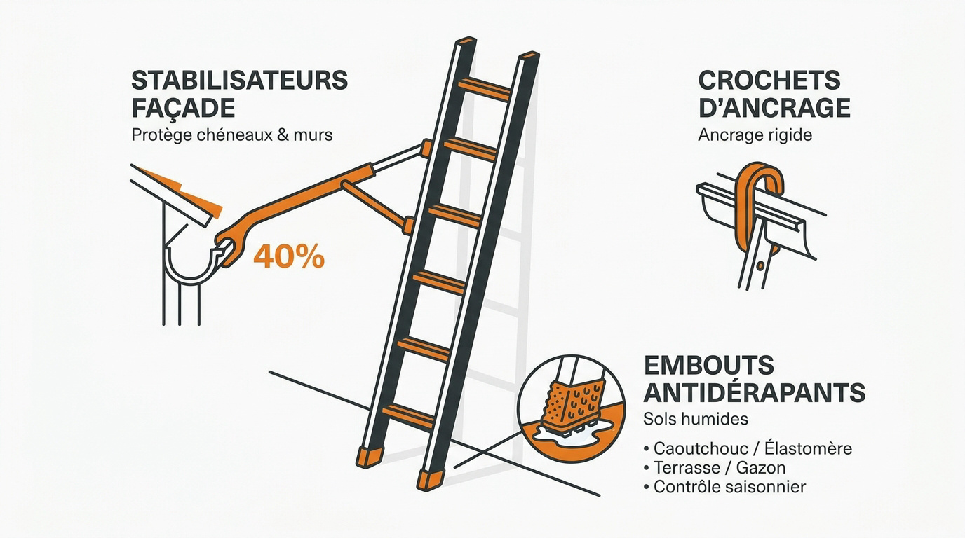 Accessoires de sécurité pour stabiliser une échelle lors du nettoyage de gouttières