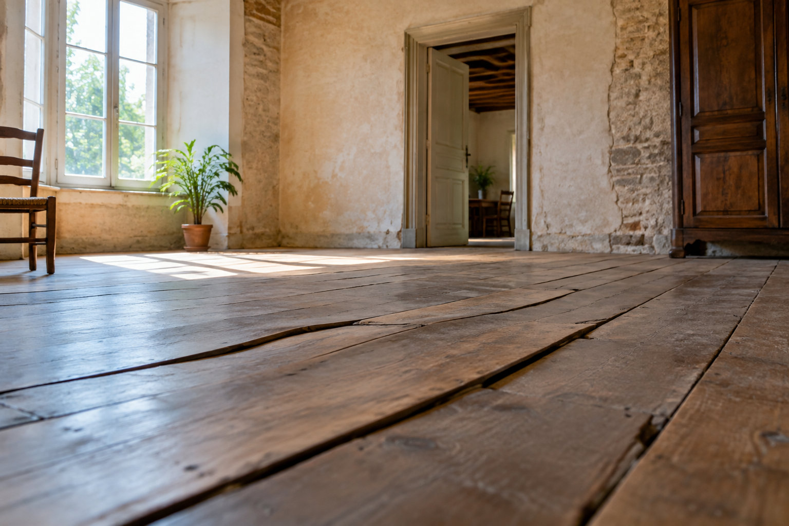 Plancher en bois ancien présentant des déformations et des irrégularités visibles dans une pièce lumineuse.