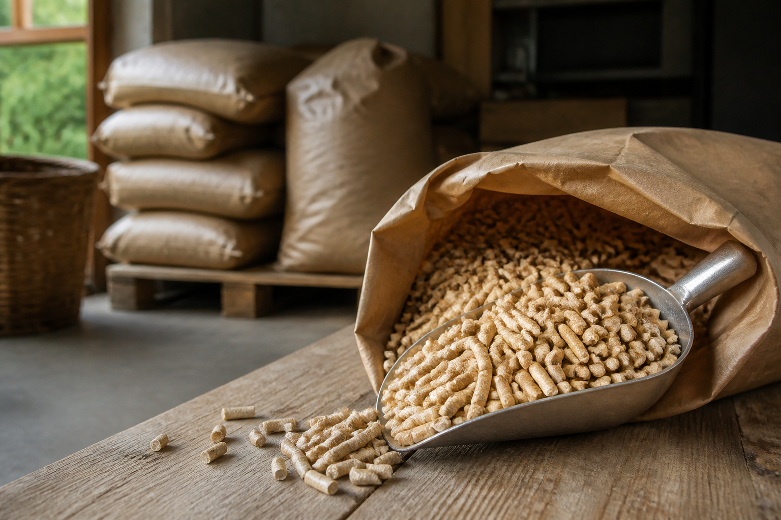 Granulés de bois dans une pelle, devant des sacs conservés dans un local sec