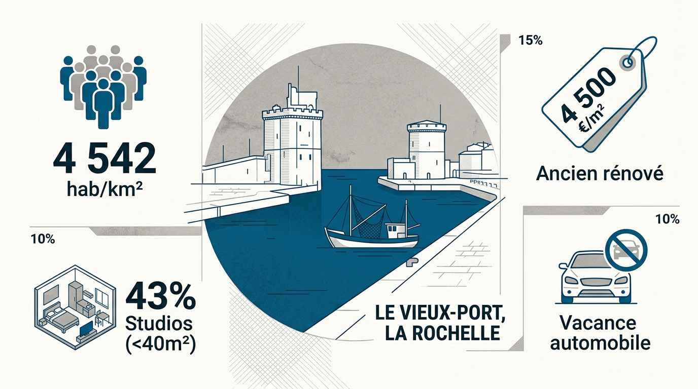 Infographie des statistiques immobilières et démographiques du quartier du Vieux-Port à La Rochelle