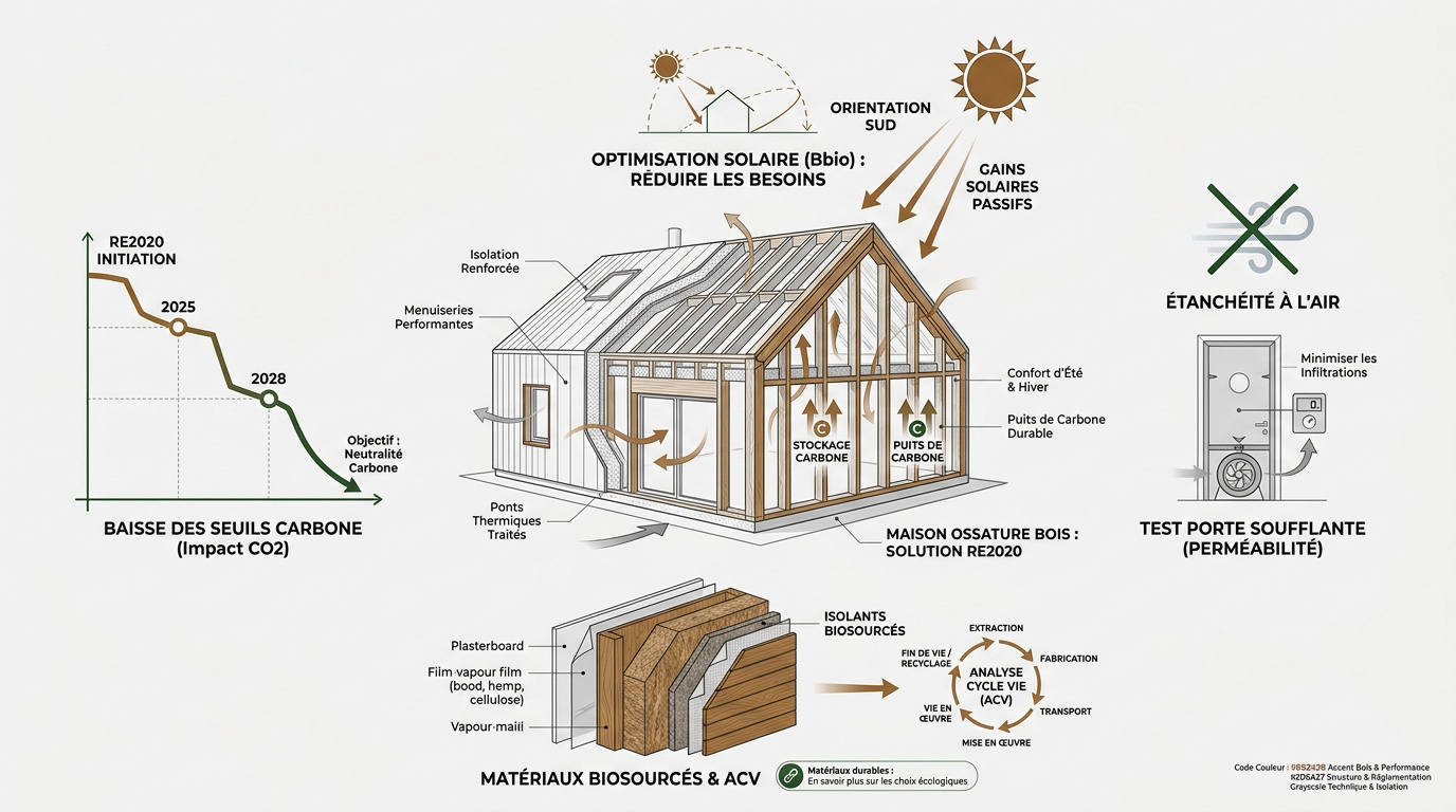 Infographie expliquant les seuils carbone et les avantages de la maison bois sous la RE2020