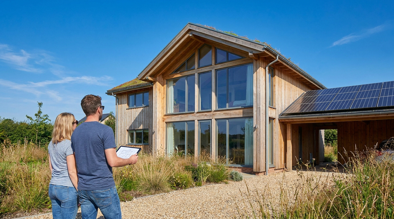 Un couple regarde une maison moderne en bois avec des panneaux solaires et un toit végétalisé, tablette à la main.