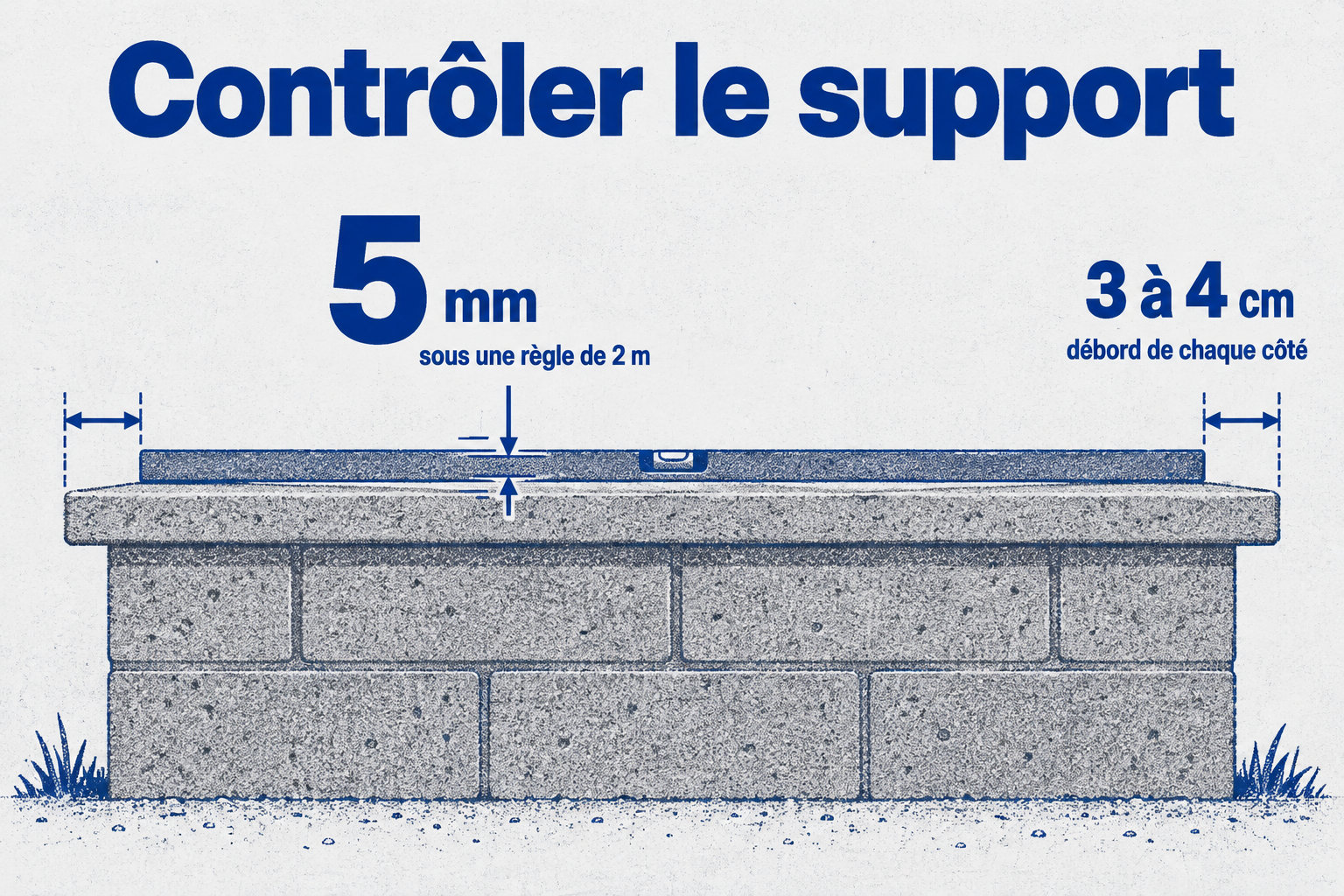 Une règle de 2 m contrôle un écart maximal de 5 mm sur le support, tandis que la couvertine déborde de 3 à 4 cm de chaque côté du mur.