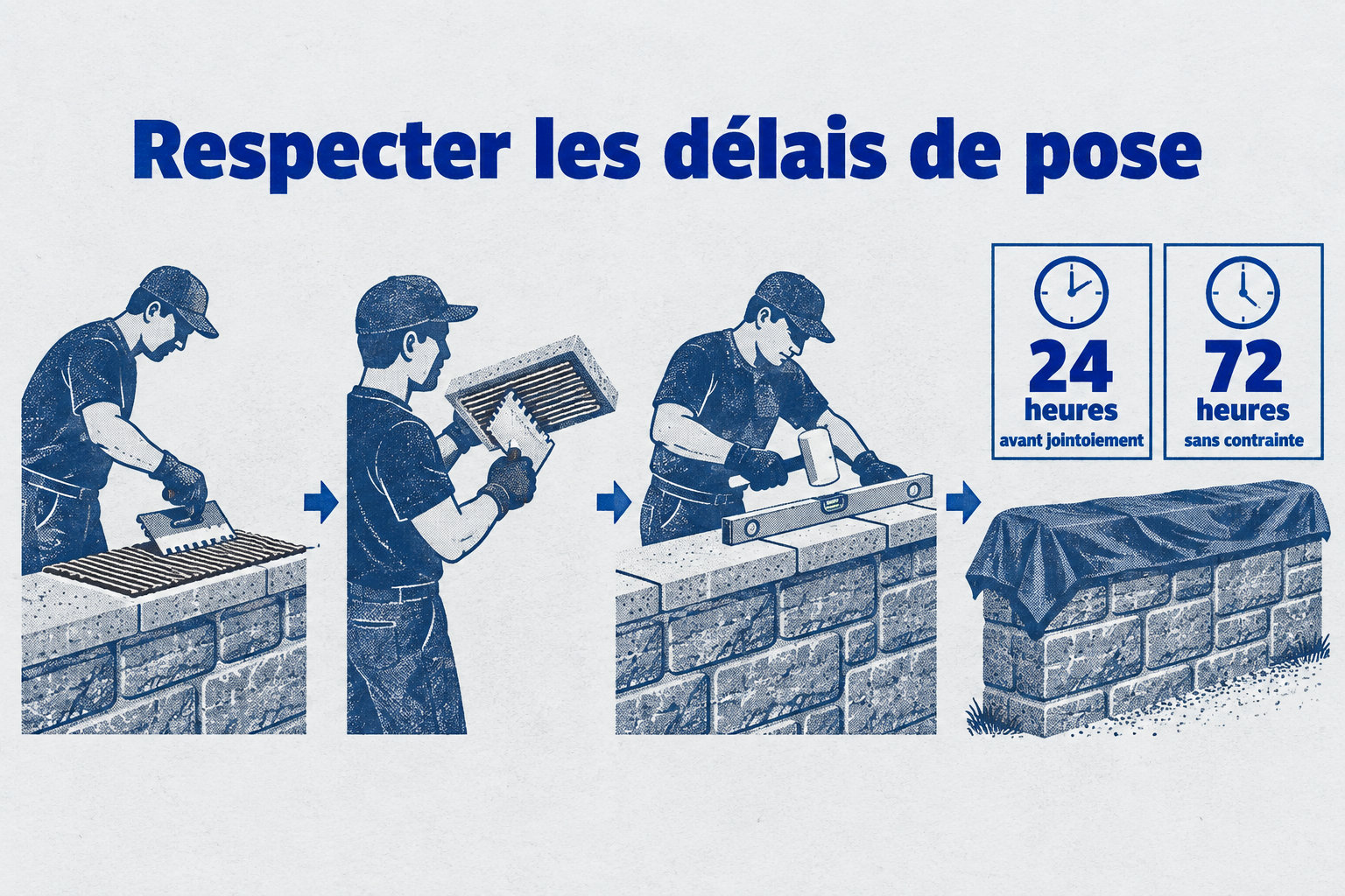 Après la pose des couvertines, attendez au moins 24 heures avant le jointoiement et laissez-les sans contrainte pendant 72 heures.